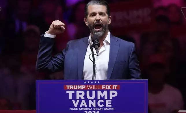 Donald Trump Jr., speaks before Republican presidential nominee former President Donald Trump at a campaign rally at Madison Square Garden, Sunday, Oct. 27, 2024, in New York. (AP Photo/Evan Vucci)