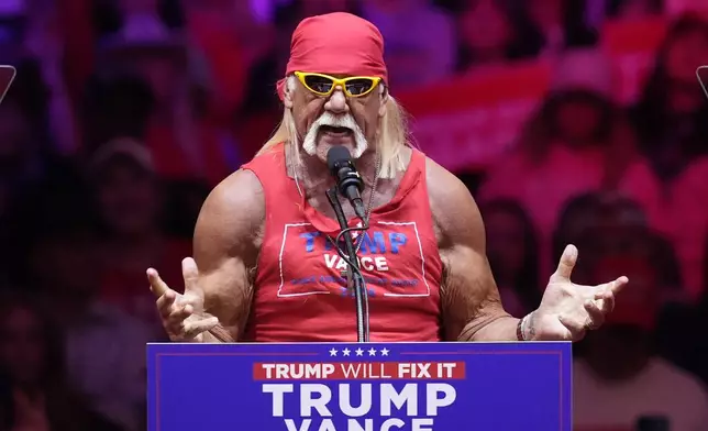 Hulk Hogan speaks before Republican presidential nominee former President Donald Trump at a campaign rally at Madison Square Garden, Sunday, Oct. 27, 2024, in New York. (AP Photo/Evan Vucci)