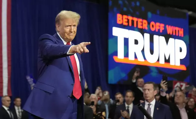 Republican presidential nominee former President Donald Trump arrives at a campaign town hall at the Greater Philadelphia Expo Center &amp; Fairgrounds, Monday, Oct. 14, 2024, in Oaks, Pa. (AP Photo/Alex Brandon)