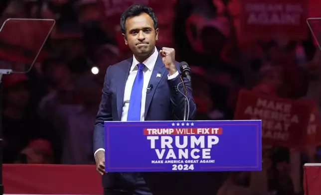 Vivek Ramaswamy speaks before Republican presidential nominee former President Donald Trump at a campaign rally at Madison Square Garden, Sunday, Oct. 27, 2024, in New York. (AP Photo/Evan Vucci)