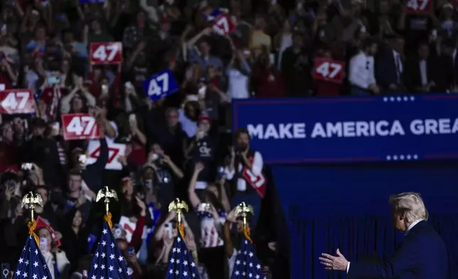 Republican presidential nominee former President Donald Trump arrives at a campaign rally at McCamish Pavilion Monday, Oct. 28, 2024, in Atlanta, Ga. (AP Photo/Julia Demaree Nikhinson)