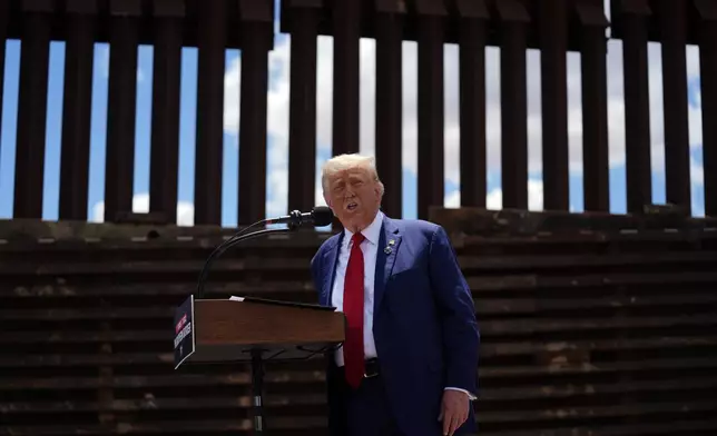 FILE - Republican presidential nominee former President Donald Trump speaks along the southern border with Mexico, on Aug. 22, 2024, in Sierra Vista, Ariz. (AP Photo/Evan Vucci, File)