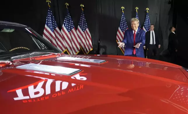 FILE - Republican presidential nominee former President Donald Trump arrives at a town hall campaign event at Macomb Community College, Sept. 27, 2024, in Warren, Mich. (AP Photo/Alex Brandon, File)