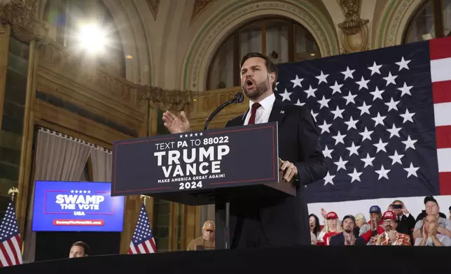 Republican vice presidential nominee Sen. JD Vance, R-Ohio, speaks at a campaign event at The Pennsylvanian in Pittsburgh, Pa., Thursday, Oct. 17, 2024. (AP Photo/Rebecca Droke)