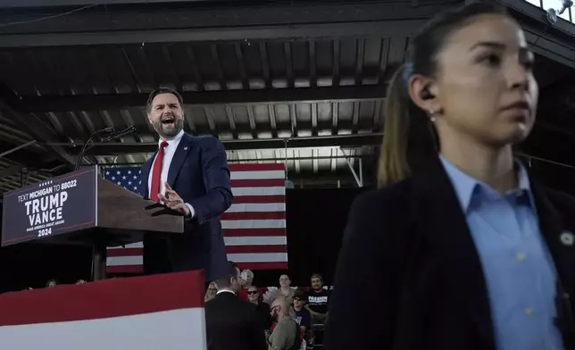 Republican vice presidential nominee Sen. JD Vance, R-Ohio speaks at a campaign event at Eastern Market Tuesday, Oct. 8, 2024, in Detroit. (AP Photo/Paul Sancya)