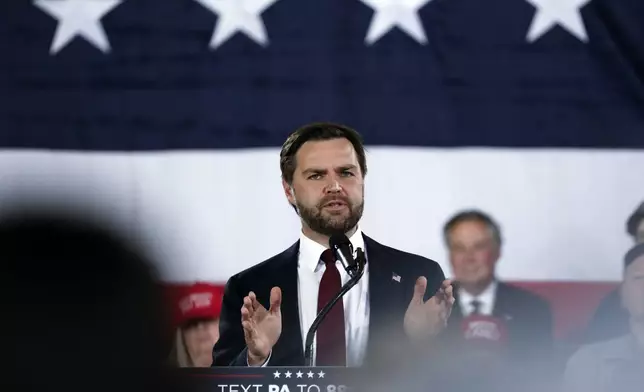 Republican vice presidential nominee Sen. JD Vance, R-Ohio, speaks at a campaign event at The Pennsylvanian in Pittsburgh, Pa., Thursday, Oct. 17, 2024. (AP Photo/Rebecca Droke)