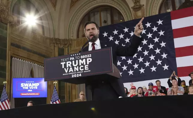 Republican vice presidential nominee Sen. JD Vance, R-Ohio, speaks at a campaign event at The Pennsylvanian in Pittsburgh, Pa., Thursday, Oct. 17, 2024. (AP Photo/Rebecca Droke)