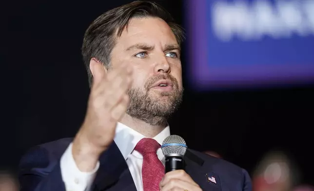 Republican vice president nominee Sen. JD Vance, R-Ohio, speaks during a campaign event in Greensboro, N.C., Thursday, Oct. 10, 2024. (AP Photo/Chuck Burton)