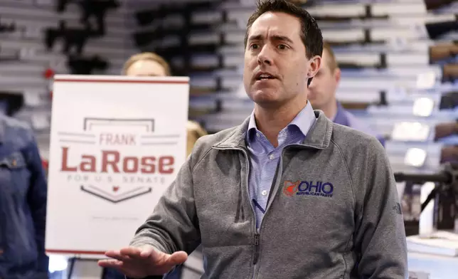 FILE - Ohio Secretary of State and Republican candidate for U.S. Senate Frank LaRose speaks to supporters during a campaign event in Hamilton, Ohio, March 18, 2024. (AP Photo/Paul Vernon, File)