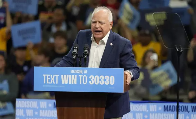 Democratic vice presidential nominee Minnesota Gov. Tim Walz speaks at an event Tuesday, Oct. 22, 2024, in Madison, Wis. (AP Photo/Morry Gash)