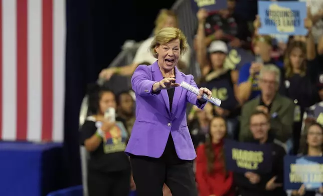 Sen. Tammy Baldwin, D-Wis., arrives to speak at a campaign event before Democratic vice presidential nominee Minnesota Gov. Tim Walz and former President Barack Obama, Tuesday, Oct. 22, 2024, in Madison, Wis. (AP Photo/Morry Gash)