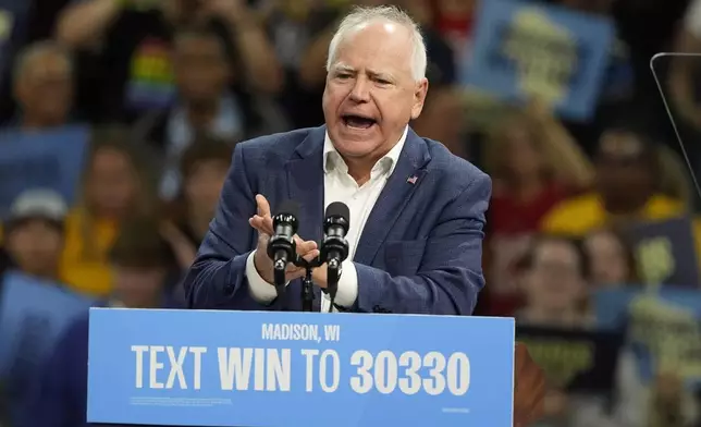 Democratic vice presidential nominee Minnesota Gov. Tim Walz speaks at an event Tuesday, Oct. 22, 2024, in Madison, Wis. (AP Photo/Morry Gash)