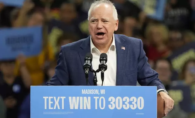 Democratic vice presidential nominee Minnesota Gov. Tim Walz speaks at an event Tuesday, Oct. 22, 2024, in Madison, Wis. (AP Photo/Morry Gash)