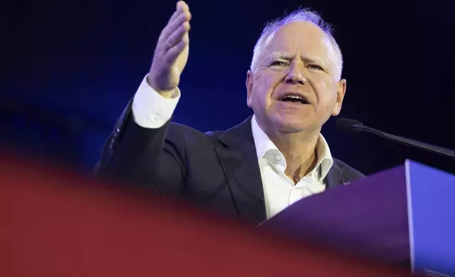 Democratic vice presidential nominee Minnesota Gov. Tim Walz speaks during a campaign event Friday, Oct. 25, 2024, in Scranton, Pa. (Christopher Dolan/The Times-Tribune via AP)