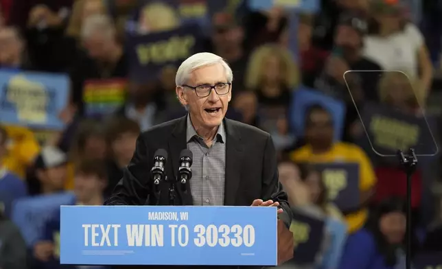 Wisconsin Gov. Tony Evers speaks at a campaign event before Democratic vice presidential nominee Minnesota Gov. Tim Walz and former President Barack Obama, Tuesday, Oct. 22, 2024, in Madison, Wis. (AP Photo/Morry Gash)