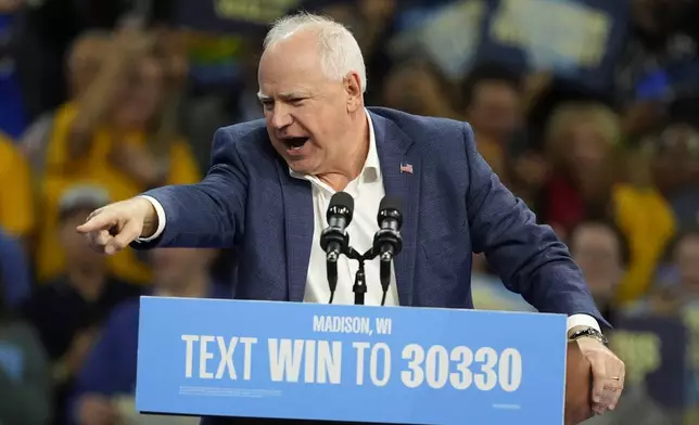 Democratic vice presidential nominee Minnesota Gov. Tim Walz speaks at an event Tuesday, Oct. 22, 2024, in Madison, Wis. (AP Photo/Morry Gash)