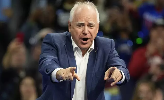 Democratic vice presidential nominee Minnesota Gov. Tim Walz speaks at an event Tuesday, Oct. 22, 2024, in Madison, Wis. (AP Photo/Morry Gash)