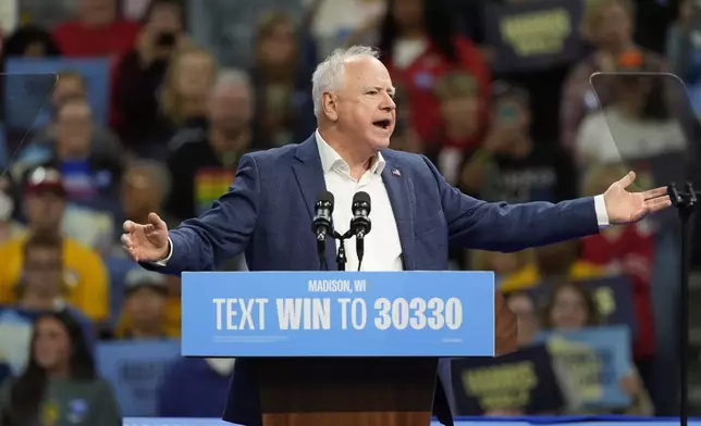 Democratic vice presidential nominee Minnesota Gov. Tim Walz speaks at an event Tuesday, Oct. 22, 2024, in Madison, Wis. (AP Photo/Morry Gash)