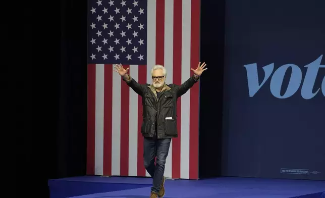 Actor Bradley Whitford arrives to speak at a campaign event before Democratic vice presidential nominee Minnesota Gov. Tim Walz and former President Barack Obama, Tuesday, Oct. 22, 2024, in Madison, Wis. (AP Photo/Morry Gash)