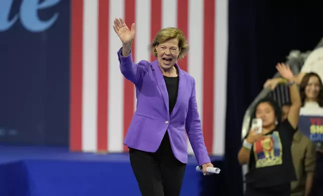 Sen. Tammy Baldwin, D-Wis., arrives to speak at a campaign event before Democratic vice presidential nominee Minnesota Gov. Tim Walz and former President Barack Obama, Tuesday, Oct. 22, 2024, in Madison, Wis. (AP Photo/Morry Gash)