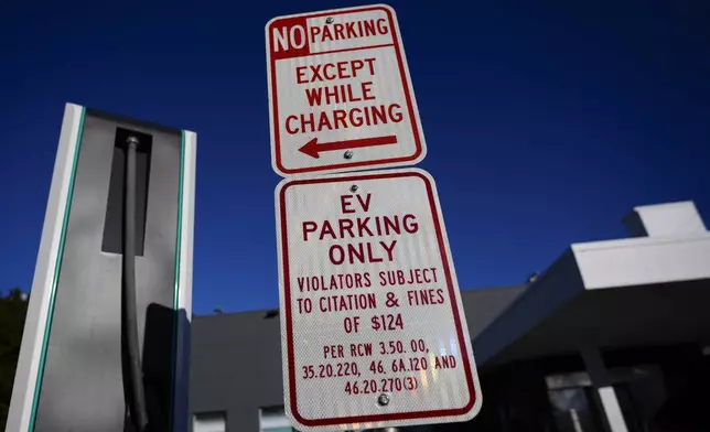 Parking signs are seen at an Electrify America charging station, Wednesday, Oct. 9, 2024, in Seattle. (AP Photo/Lindsey Wasson)