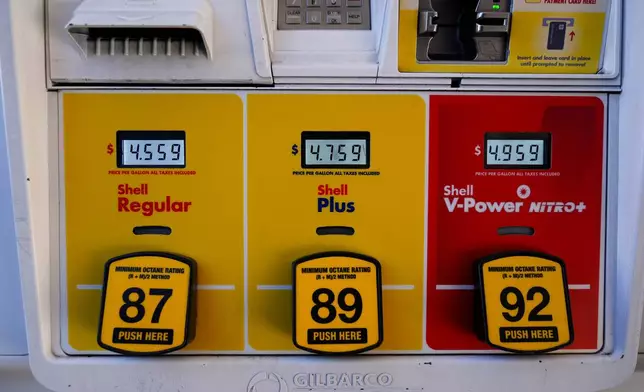 Gas prices are displayed at a Shell gas fueling station, Wednesday, Oct. 9, 2024, in Seattle. (AP Photo/Lindsey Wasson)