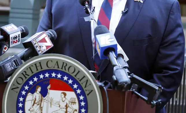 North Carolina Lt. Gov. Mark Robinson speaks at a news conference in Raleigh, N.C., Tuesday, Oct. 15, 2024. (AP Photo/Karl B DeBlaker)