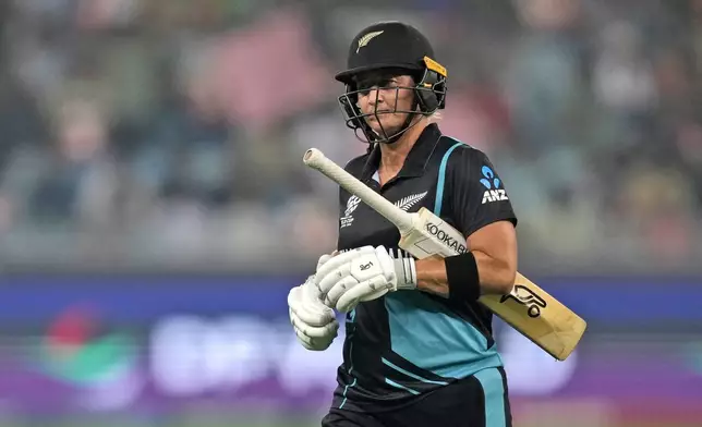 New Zealand's captain Sophie Devine leaves the field after losing her wicket during the ICC Women's T20 World Cup 2024 final match between New Zealand and South Africa at Dubai, United Arab Emirates, Sunday, Oct. 20, 2024. (AP Photo/Altaf Qadri)