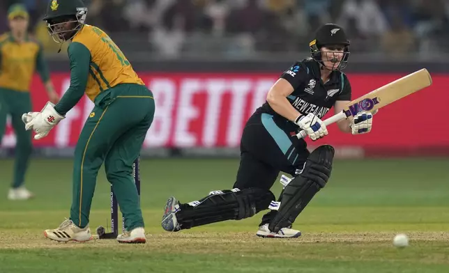 New Zealand's Brooke Halliday bats during the ICC Women's T20 World Cup 2024 final match between New Zealand and South Africa at Dubai, United Arab Emirates, Sunday, Oct. 20, 2024. (AP Photo/Altaf Qadri)