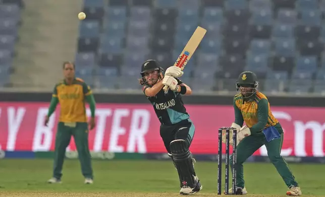 New Zealand's Amelia Kerr plays a shot during the ICC Women's T20 World Cup 2024 final match between New Zealand and South Africa at Dubai, United Arab Emirates, Sunday, Oct. 20, 2024. (AP Photo/Altaf Qadri)