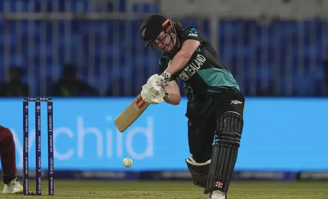 New Zealand's Georgia Plimmer plays a shot during the ICC Women's T20 World Cup 2024 semi-final match between New Zealand and West Indies at Sharjah Stadium, United Arab Emirates, Friday, Oct. 18, 2024. (AP Photo/Altaf Qadri)