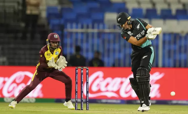 New Zealand's Suzie Bates plays a shot during the ICC Women's T20 World Cup 2024 semi-final match between New Zealand and West Indies at Sharjah Stadium, United Arab Emirates, Friday, Oct. 18, 2024. (AP Photo/Altaf Qadri)