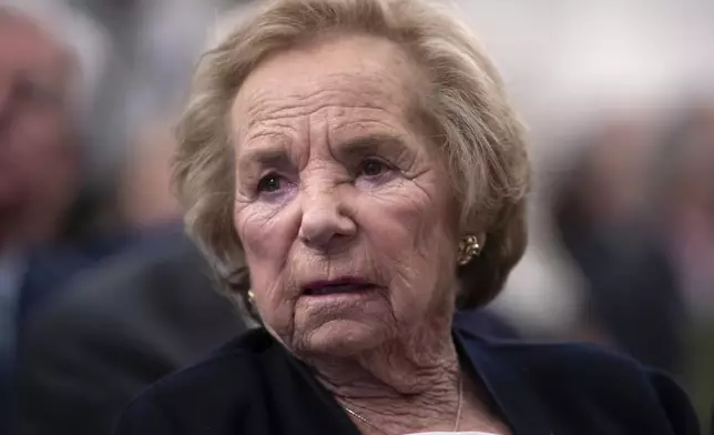 FILE - Ethel Kennedy, widow of Senator Robert F. Kennedy, watches a video about her late husband during the Robert F. Kennedy Human Rights awards ceremony on Capitol Hill in Washington, Tuesday, June 5, 2018. (AP Photo/J. Scott Applewhite, File)