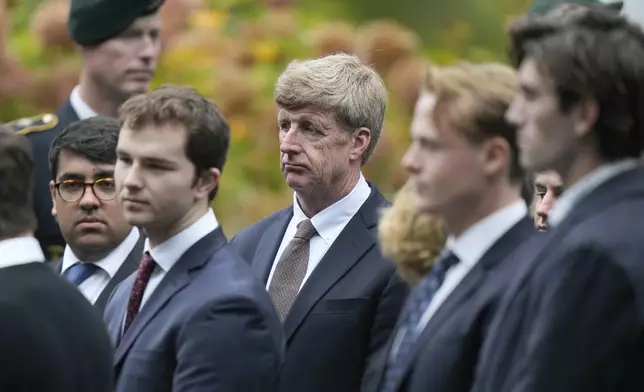 Former U.S. Rep. Patrick Kennedy, center, grandson of the late Ethel Kennedy, departs Our Lady of Victory church following funeral services for Ethel Kennedy, wife of the late Sen. Robert F. Kennedy, Monday, Oct. 14, 2024, in Centerville, Mass. (AP Photo/Steven Senne)