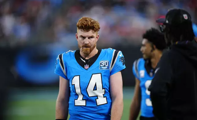 Carolina Panthers quarterback Andy Dalton (14) walks the sideline in the second half of an NFL football game against the in Charlotte, N.C., Sunday, Oct. 13, 2024. (AP Photo/Jacob Kupferman)