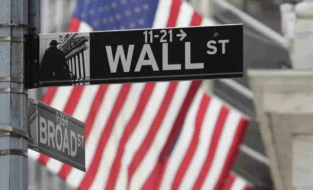 FILE - Signs marking the intersection of Broad and Walls Streets appear near the New York Stock Exchange on Oct. 1, 2024, in New York. (AP Photo/Peter Morgan, File)