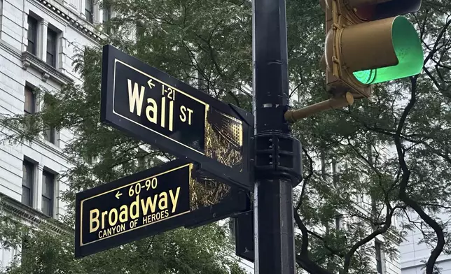 Signs marking the intersection of Wall St. and Broadway in New York's Financial District are shown on Wednesday, Oct. 9, 2024. (AP Photo/Peter Morgan, File)