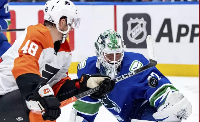 Vancouver Canucks goaltender Kevin Lankinen, right, stops Philadelphia Flyers' Morgan Frost (48) during the first period of an NHL hockey game in Vancouver, British Columbia, Friday, Oct. 11, 2024. (Ethan Cairns/The Canadian Press via AP)