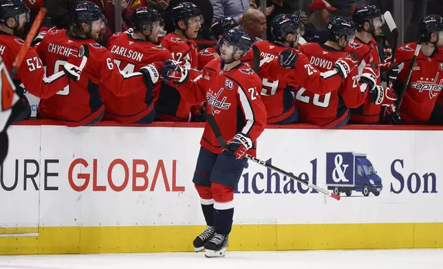 Washington Capitals center Connor McMichael (24) celebrates his goal during the second period of an NHL hockey game against the Philadelphia Flyers, Wednesday, Oct. 23, 2024, in Washington. (AP Photo/Nick Wass)