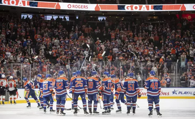 Edmonton Oilers players celebrate after defeating the Philadelphia Flyers 4-3 in overtime of an NHL hockey game in Edmonton, Alberta, Tuesday, Oct. 15, 2024. (Amber Bracken/The Canadian Press via AP)