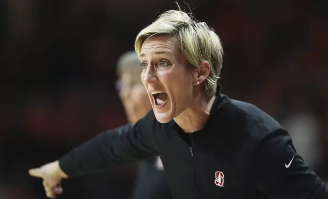 FILE - Stanford associate basketball coach Kate Paye calls out to players during an NCAA college basketball game against Oregon State Thursday, Feb. 29, 2024, in Corvallis, Ore. (AP Photo/Amanda Loman,File)