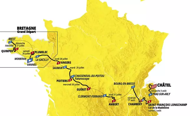 This photo provided by Amaury Sport Organisation (ASO) shows the 2025 Women's Tour de France cycling race roadmap unveiled Tuesday, Oct. 29, 2024 in Paris. (ASO via AP)