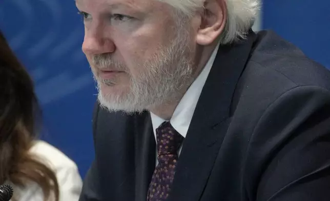 Wikileaks founder Julian Assange addresses the Council of Europe in Strasbourg, eastern France, Tuesday, Oct. 1, 2024. (AP Photo/Pascal Bastien)