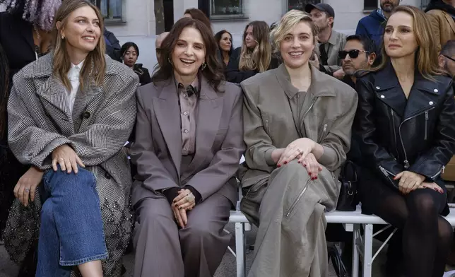 Maria Sharapova, from left, Juliette Binoche, Greta Gerwig, and Natalie Portman attend the Stella McCartney Spring/Summer 2025 collection presented Monday, Sept. 30, 2024, in Paris. (Photo by Vianney Le Caer/Invision/AP)