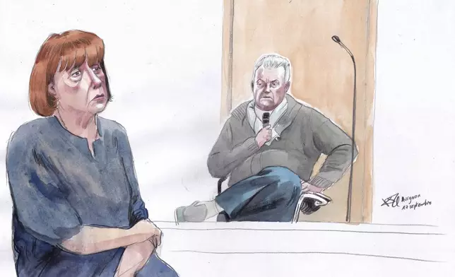 FILE - This courtroom sketch by Valentin Pasquier shows Gisèle Pelicot, left, and her ex-husband Dominique Pelicot, right, during his trial, at the Avignon court house, in Avignon, southern France, on Sept. 17, 2024. (AP Photo/Valentin Pasquier, File)