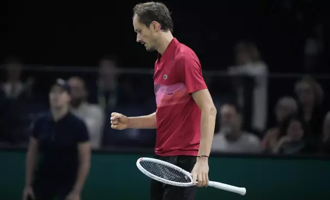 Russia's Daniil Medvedev reacts after winning a point as he plays Alexei Popyrin, of Australia, during their second round match of the Paris Masters tennis tournament, Wednesday, Oct. 30, 2024 in Paris. (AP Photo/Michel Euler)