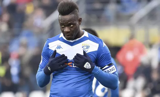 FILE - Brescia's Mario Balotelli reacts during the Italian Serie A soccer match between Brescia and Udinese at the Mario Rigamonti stadium in Brescia, Italy, Sunday, Feb. 9, 2020. (Gianluca Checchi/LaPresse via AP, File)