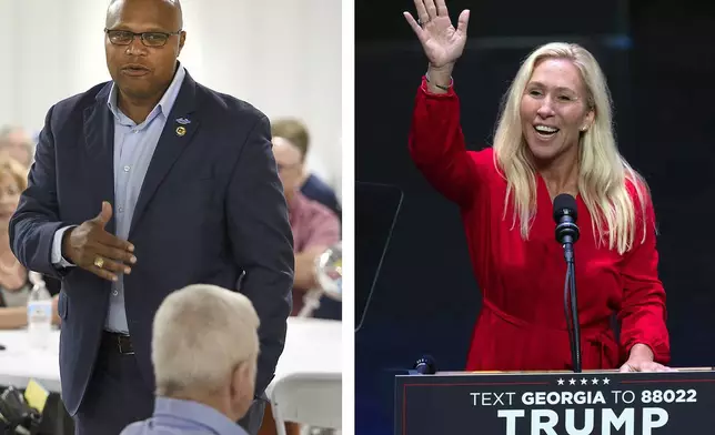 This photo combo shows Democratic candidate Shawn Harris, left, in Summerville, Ga. on Sept. 24, 2024 and Rep. Marjorie Taylor Greene, R-Ga., Sept. 24, 2024, in Savannah, Ga. (Matt Hamilton/John Bazemore/Chattanooga Times Free Press/AP)