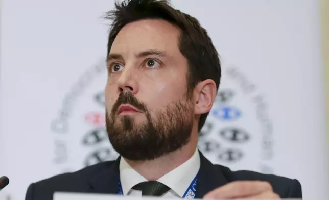 Eoghan Murphy, head of OSCE/ODIHIR observer mission, speaks to the media after the parliamentary election in Tbilisi, Georgia, Saturday, Oct. 26, 2024. (AP Photo/Zurab Tsertsvadze)