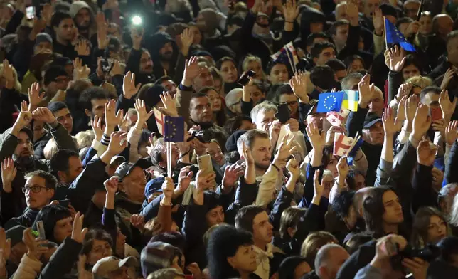 Demonstrators attend an opposition protest against the results of the parliamentary election in Tbilisi, Georgia, on Monday, Oct. 28, 2024. (AP Photo/Zurab Tsertsvadze)